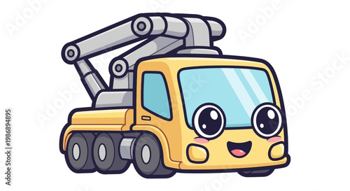 A cartoon crane truck with large eyes smiles on a road