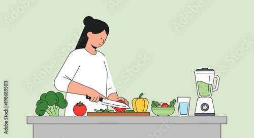 Woman preparing healthy food in kitchen with vegetables and blender