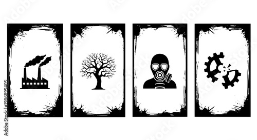 Photos film strip with factory smoke, tree, astronaut face, and gears icons in distressed vintage style