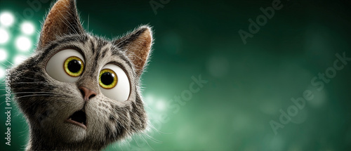 Closeup of a wide-eyed animated cat with a surprised expression against a blurred green background, perfect for creative concepts.