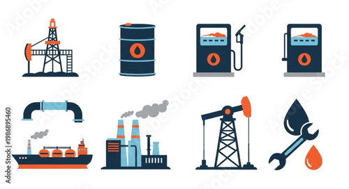 Oil and Gas Industry Icons - Rig, Barrel, Pump, Pipeline, Refinery.