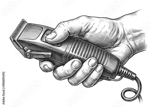 Bild auf Leinwand Hand drawn vintage barber hand holding electric clipper with realistic engraving