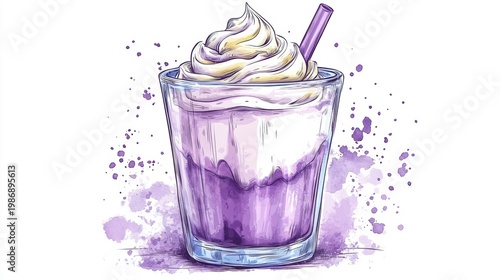 Ube drink on white background,Iced Ube Latte,ube milk,PopularTrendy Purple Coffee Shop,plant based recipes,milkshake with whipped cream,superfood,menu and banner,Healthy and wellness concept.