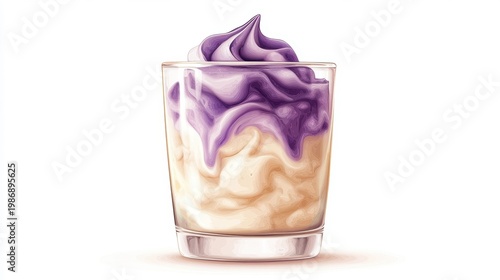 Ube drink on white background,Iced Ube Latte,ube milk,PopularTrendy Purple Coffee Shop,plant based recipes,milkshake with whipped cream,superfood,menu and banner,Healthy and wellness concept.