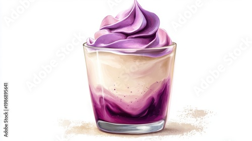 Ube drink on white background,Iced Ube Latte,ube milk,PopularTrendy Purple Coffee Shop,plant based recipes,milkshake with whipped cream,superfood,menu and banner,Healthy and wellness concept.