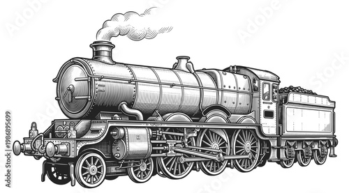 Detailed vintage steam locomotive engraving, classic train illustration perfect for transport and historical design, vector illustration