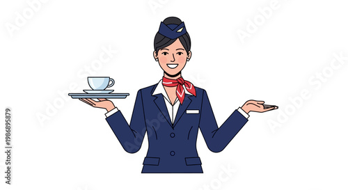 Smiling flight attendant serving coffee on a tray