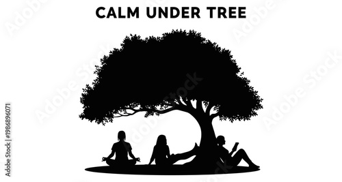 Silhouettes of people meditating and reading beneath a large tree during daytime