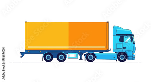 Blue container truck with yellow cargo trailer on white background.