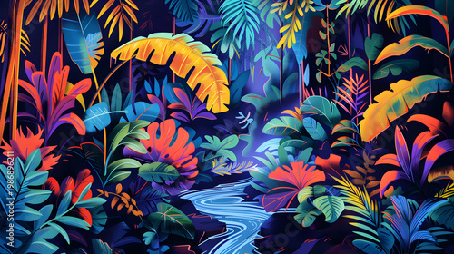 Vibrant tropical rainforest with glowing stream and colorful foliage