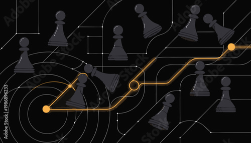 A vector graphic illustration of a strategic chess plan with pawns and a glowing path on a black background