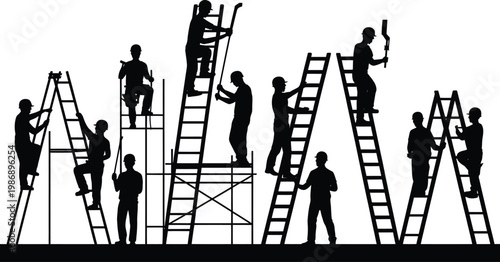 Silhouettes of construction workers climbing ladders and working on scaffolding