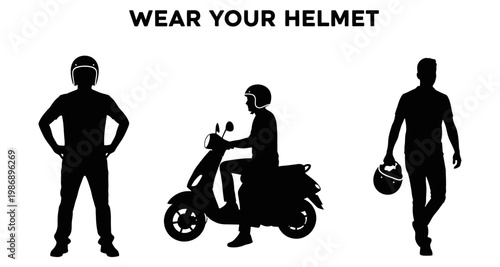 Silhouettes of people wearing helmets and riding a scooter promoting safety