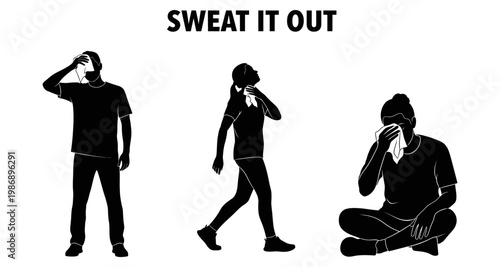 Silhouettes of people wiping sweat during exercise with copy space
