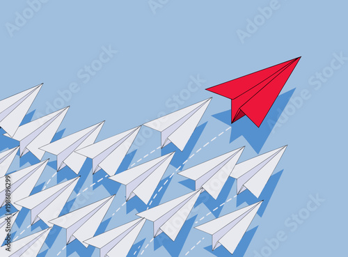 A red paper airplane leads a group of white paper airplanes in a vector illustration symbolizing leadership and innovation.