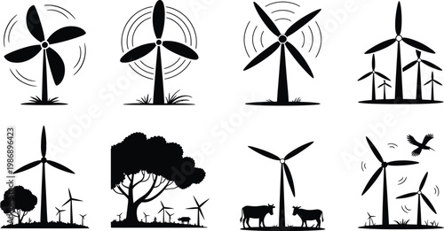 Wind turbines and windmills with nature elements and animals, illustration set