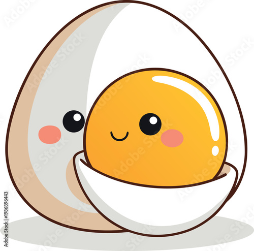 Cute egg character illustration with boiled egg white and round yellow yolk smiling face for kids design isolated on white.