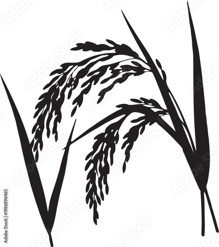 Black silhouette of rice plant stalks with detailed grains, flat design vector illustration,Generative Ai