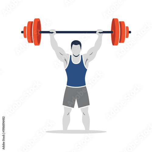 Man lifting heavy barbell overhead, fitness and strength training concept