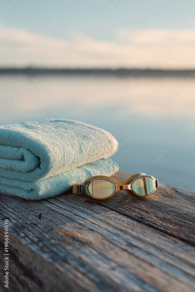 Fototapeta premium Swim goggles and folded towel on wooden dock by lake. Summer activity and swimming equipment at sunrise. Concept of morning outdoor exercise, aquatic training and leisure lifestyle.
