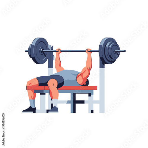 Man performing bench press exercise with barbell on weight bench, fitness workout