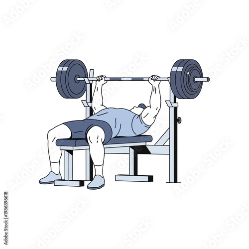 Man performing bench press exercise with barbell on weight bench