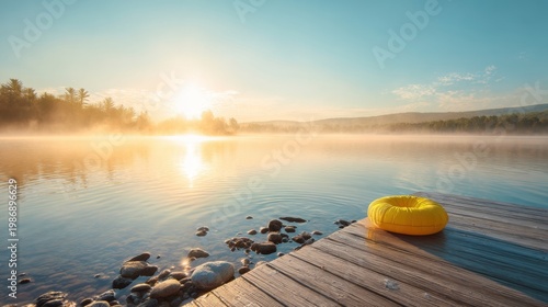 Yellow inflatable swim ring on wooden pier at misty lake during sunrise. Serene morning landscape with fog over water. Summer vacation, relaxation and travel recreation concept scene.