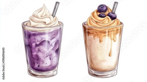 Ube drink on white background,Iced Ube Latte,ube milk,PopularTrendy Purple Coffee Shop,plant based recipes,milkshake with whipped cream,superfood,menu and banner,Healthy and wellness concept.