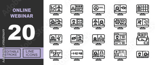 Online Webinar line icon set. Exclusive Online Webinar line icon collection. Containing presentation, rating, profile, education, schedule, conferencing, workshop, settings, mute. Editable stroke.