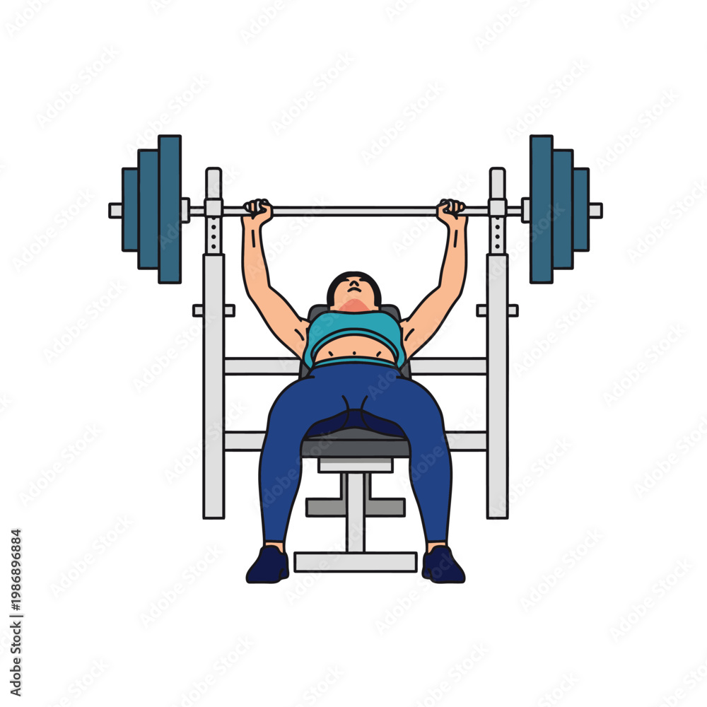 Fototapeta premium Woman doing bench press exercise with barbell on weight bench in gym, fitness workout