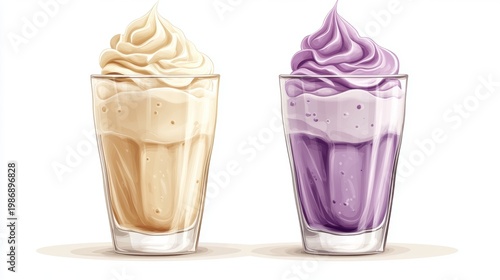 Ube drink on white background,Iced Ube Latte,ube milk,PopularTrendy Purple Coffee Shop,plant based recipes,milkshake with whipped cream,superfood,menu and banner,Healthy and wellness concept.