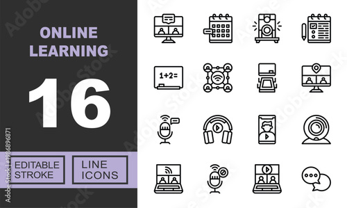 Online Learning line icon set. Exclusive Online Learning line icon collection. Containing Video-conference, Calendar, Projector, Note, Blackboard, Network, Laptop, Microphone. Editable stroke.