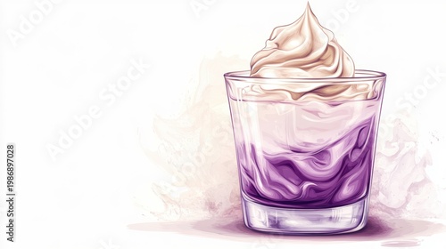 Ube drink on white background,Iced Ube Latte,ube milk,PopularTrendy Purple Coffee Shop,plant based recipes,milkshake with whipped cream,superfood,menu and banner,Healthy and wellness concept.