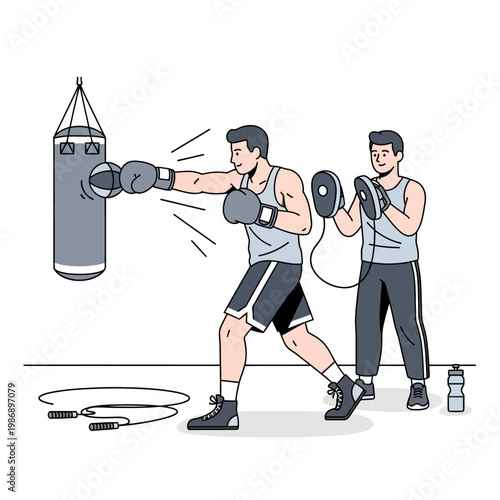 Boxer Training with Coach, Punching Bag and Jump Rope, Fitness Workout