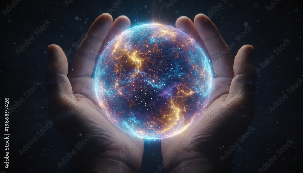 Fototapeta premium Hands holding swirling cosmic energy sphere in space