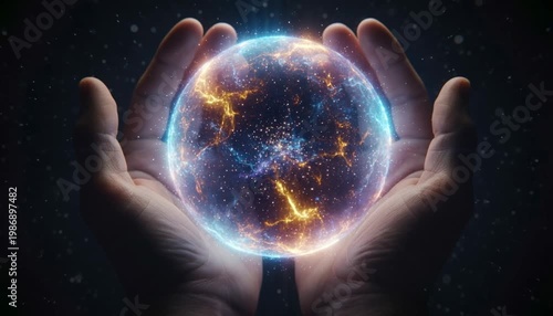 Hands holding swirling cosmic energy sphere in space