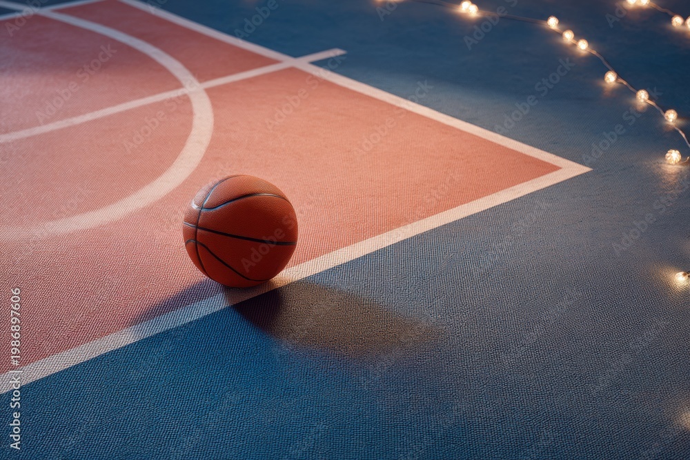 Obraz premium Basketball ball sitting on court surface with white markings. Athletic gear for team sport match. Evening outdoor sports ground decorated with glowing string lights for recreation.