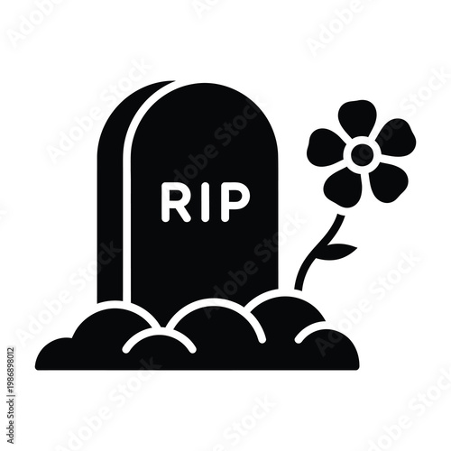 Black tombstone with RIP and flower on transparent background icon