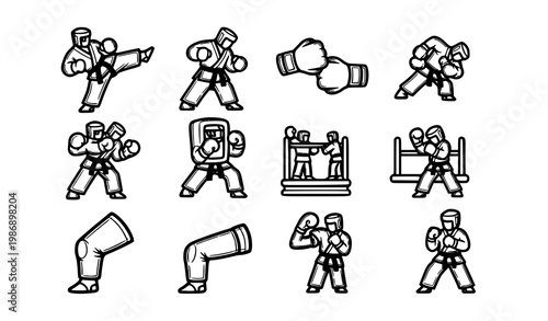 Bold outline martial arts icons set with combat sport poses in horizontal layout vector