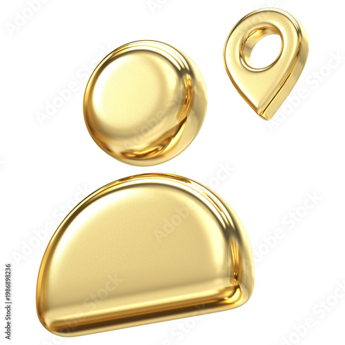 Premium golden user icon with location pin symbol for tracking and navigation, Professional metallic finish ideal for address finders and member positioning interface design