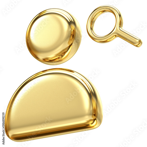 Sophisticated golden user profile icon with magnifying glass for search and discovery, metallic render suitable for finding members and directory search interfaces
