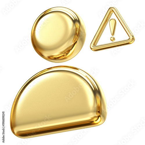 Secure golden user icon with warning sign for account alerts and critical notices, Bright metallic finish ideal for error reporting and user safety notification elements