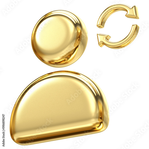 Dynamic golden user icon with refresh arrows for synchronization and profile updates, Elegant metallic design perfect for account data loading and system status indicators