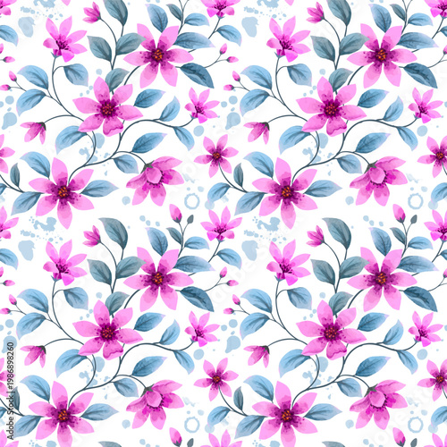 pink flowers with green leaf in water color style background seamless pattern for fashion print gift wrapping paper background.