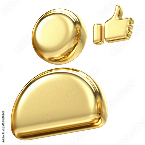 Stylish golden user icon with thumbs up gesture for approval and positive feedback, Luxurious metallic finish perfect for social media appreciation and top member ratings