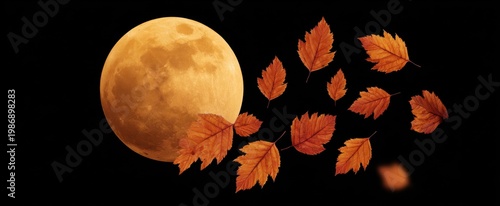 Orange autumn leaves dance joyfully under a glowing harvest moon on a black background.