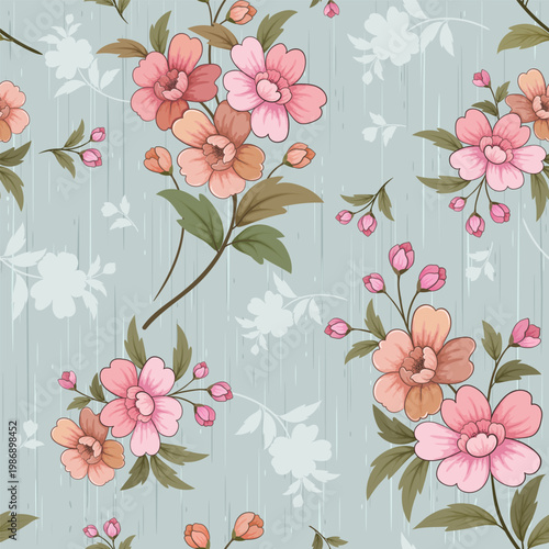 Vintage pink rose floral seamless pattern vector illustration with spring blossom leaves for nature inspired wallpaper fabric and textile decoration design