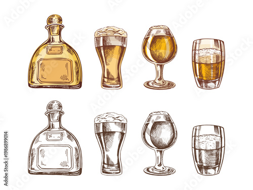 Hand drawn vintage sketch set of whiskey bottle beer glass and goblet in color and monochrome illustration