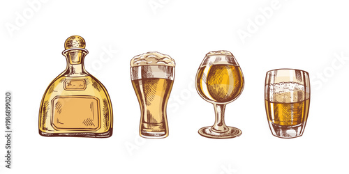 Hand drawn vintage sketch set of whiskey bottle beer glasses and drinkware in color and monochrome illustration
