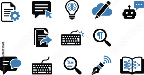 AI writing content creation icons set with chatbot typing document editing copywriting automation vector illustration modern digital text production design collection